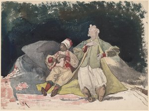 Zwei Puppen oder Marionetten, die auf Kissen sitzen von Henri Joseph Harpignies