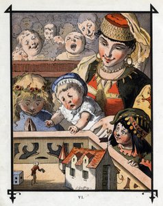 Lemuel Gulliver im Land der Riesen von Brobdingnag ist eine Kuriosität für Kinder. Illustration für „Gullivers Reisen“ von Jonathan Swift (1667-1745)