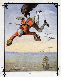 Lemuel Gulliver wird von einem Adler weggetragen. Illustration zu „Gullivers Reisen“ von Jonathan Swift