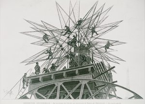 Weltausstellung 1900: Installation des Sterns auf dem Palast der Elektrizität (Gravur)