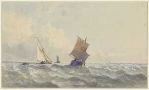 Ansicht auf offener See, mit drei Segelschiffen von Henri Le Hon