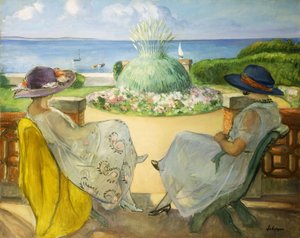 Zwei junge Frauen auf einer Terrasse am Meer, 1922