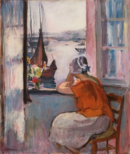 Junges Mädchen am Fenster gegenüber der Insel Yeu von Henri Lebasque