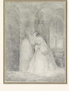 Interieur mit junger Frau, die sich gegen eine Säule lehnt von Henri Leys (baron)