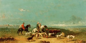 Arabische Reitergruppe mit einem Ziegenhirten in weiter Landschaft