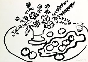 Stillleben mit Blumenvase und Obstteller