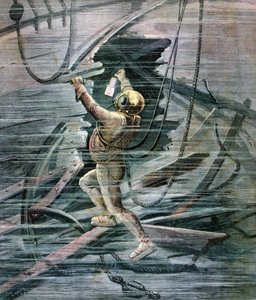 Ein Taucher sucht ein Wrack im Hafen von Le Havre, Frankreich, 1892