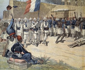 In Dahomey (heute Benin): Einzug der französischen Flagge in Abomey - in „Le Petit Journal“ vom 10.12.1892
