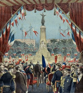 Felix Faure weiht das Denkmal zur Hundertjahrfeier der Wiedervereinigung von Nizza mit Frankreich 1896 ein (Gravur) von Henri Meyer