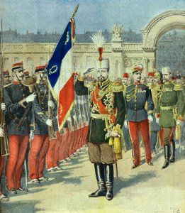 Ferdinand I. König von Bulgarien wird im Elysee-Palast empfangen, Paris 1896 (Gravur) von Henri Meyer
