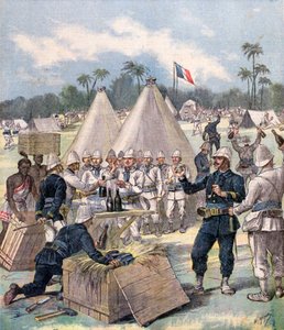 Französische Soldaten öffnen Neujahrsgeschenkboxen in Dahomey, Afrika, 1892 von Henri Meyer
