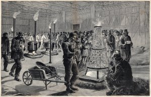 Das Nachtasyl des Palais des Arts Libéraux auf dem Marsfeld im Jahr 1891 - Zeichnung von Henri Meyer, Gravur von Navellier in „Le journal illustrious“ von 1891