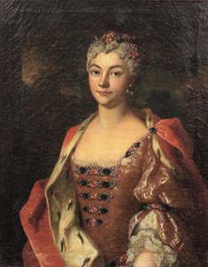 Porträt einer Adligen, Halbfigur, in einem rosa Kleid und einem Hermelin-umrandeten Mantel von Henri Millot
