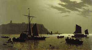 Scarborough Castle Hill und Hafen bei Mondlicht, 1876 von Henri Philippe Neumans