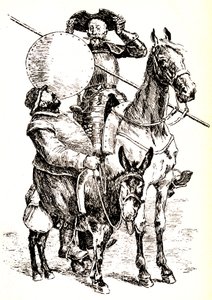 Don Quichotte auf seinem Pferd, neben Sancho auf seinem Esel