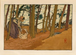 Frau, die Kiefernnadeln sammelt (Ufer des Trieux, Loguivy) von Henri Rivière