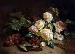 Stillleben mit Sommerblumen und Trauben. Gemälde von Henri Robbe