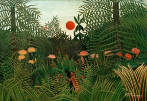 Urwald im Sonnenuntergang. Schwarzer von einem Leoparden angegriffen von Henri Rousseau