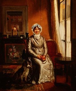 Eine Dame mit einem Hund in einem Innenraum von Henri Serrur