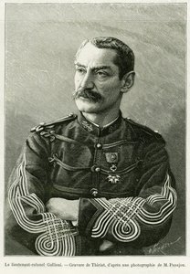 Oberstleutnant Joseph Gallieni (1849-1916). Gravur von Thiriat zur Illustration der Geschichte „Zwei Feldzüge im französischen Sudan“ von Henri Thiriat