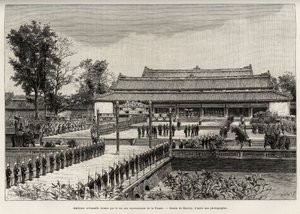 Feierliche Audienz von König Dong Khanh (1864-1889) Kaiser von Annam für die Vertreter Frankreichs in der kaiserlichen Stadt Hue (Vietnam). Gravur von Thiriat zur Illustration der Geschichte Trente mois au Tonkin