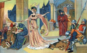 Die Fee verzaubert die Bewohner des Schlosses mit ihrem Zauberstab, damit sie so lange schlafen wie die Prinzessin. La belle au bois dormant, Märchen von Charles Perrault (1628-1703) Illustrationen Henri Thiriet (1873-1946). Um 1930