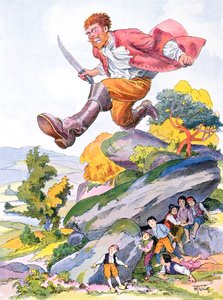Der Menschenfresser auf der Jagd nach Däumling und seinen Brüdern, Illustration zu einem Märchen von Perrault 
