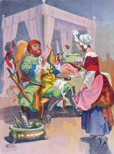 Der Menschenfresser riecht frisches Menschenfleisch, Illustration zu einem Märchen von Perrault 
