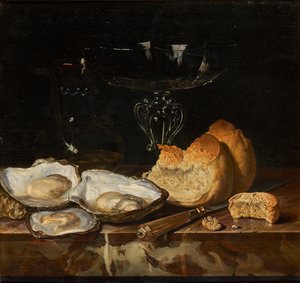 Stillleben mit Austern, Brot und venezianischem Weinglas, 1661 von Henri de Fromantiou