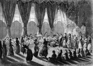Empfang europäischer Damen im Serail von Kairo durch die Vizekönigin von Ägypten. Dienerinnen bringen die Speisen, während Musiker und Tänzer die Show aufführen. 19. Jahrhundert. Gravur von Henri de Montaut in „Die illustrierte Welt“ Nr. 320 vom 30. Mai 18