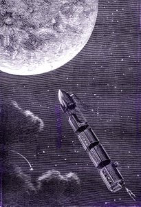Zug von Kugeln (oder Projektilen), die von einer Riesengeschützkanone zum Mond abgefeuert wurden, "Von der Erde zum Mond" von Jules Verne