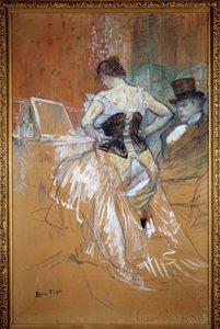 Eroberung im Transit, die Frau im Korsett Prostituierte zieht sich vor ihrem Kunden in einem Bordell an. Pastell und Zeichnung von Henri de Toulouse-Lautrec