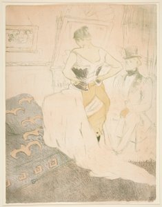 Frau, die ein Korsett befestigt, vorübergehende Eroberung, aus der Serie Elles