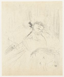 Porträt von Yvette Guilbert im Sessel auf der Bühne