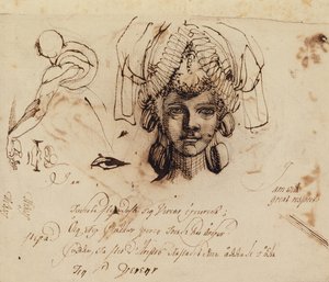 Mrs. Fuseli mit aufwendigem Kopfschmuck und Studien eines Auges, Mundes und Torsos von Johann Heinrich Füssli