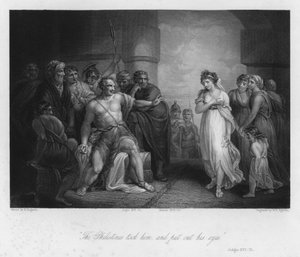 Samson und Delila, Richter XVI, 21 (Gravur) von Henry (after) Singleton