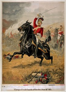 Der Angriff der 1. Life Guards bei Waterloo, veröffentlicht um 1890 (Chromolitho)