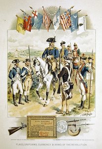 Amerikanische Flaggen, Uniformen, Währungen & Waffen der Revolution, Illustration aus der 