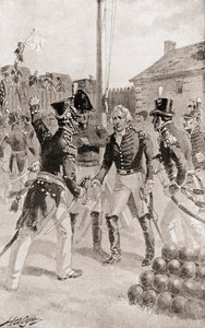 Brigadegeneral William Hull kapituliert das Fort und die Stadt Detroit, Michigan, Amerika während der Belagerung von Detroit, aus Die Geschichte unseres Landes, veröffentlicht 1905 von Henry Alexander Ogden
