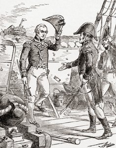 Kapitän Dacres von der HMS Guerriere kapituliert und bietet Kapitän Hull an Bord der USS Constitution nach seiner Niederlage während des Krieges von 1812 sein Schwert an, aus Die Geschichte unseres Landes, veröffentlicht 1905