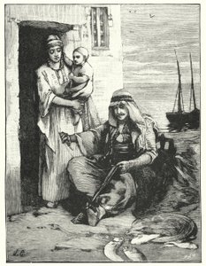 Ein Fischer, der seine Netze repariert, See von Tiberias (Lithografie) von Henry Andrew Harper