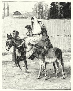 Mehrere Personen reiten auf einem Esel (Lithografie) von Henry Andrew Harper