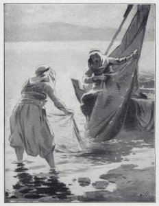 Netze waschen am See Genezareth (Lithografie) von Henry Andrew Harper
