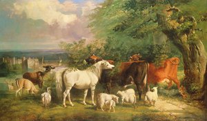 Haddon Hall mit Schafen, Rindern, einem Hirsch und einem Pony