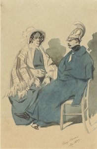 Kürassier mit Helm und blauem Mantel, sitzend neben einer alten Dame im Reisekleid von Henry Bonaventure Monnier