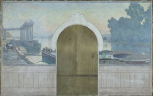 Skizze für den Trausaal des Rathauses von Asnières: Landschaft. Lastkähne auf der Seine, mit der Brücke von Asnières, um 1900
