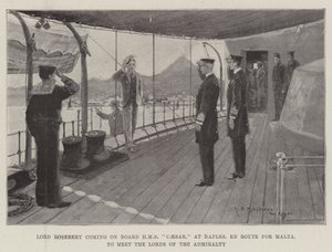 Lord Rosebery kommt an Bord der HMS Caesar in Neapel, auf dem Weg nach Malta, um die Lords der Admiralität zu treffen von Henry Charles Seppings Wright