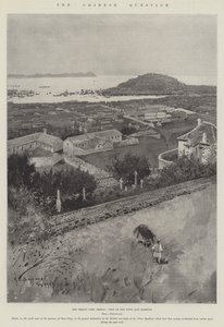 Die chinesische Frage, der Vertragshafen Chefoo, Ansicht der Stadt und des Hafens von Henry Charles Seppings Wright