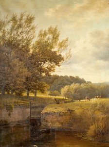 Waldlandschaft mit Junge, der in einer Schleuse fischt von Henry Cheadle