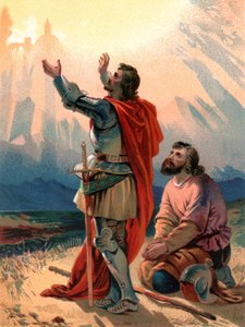 Christian, der Pilger des Titels, kniet in Verwunderung, als er und sein Begleiter die Heilige Stadt erblicken von Henry Courtney Selous
